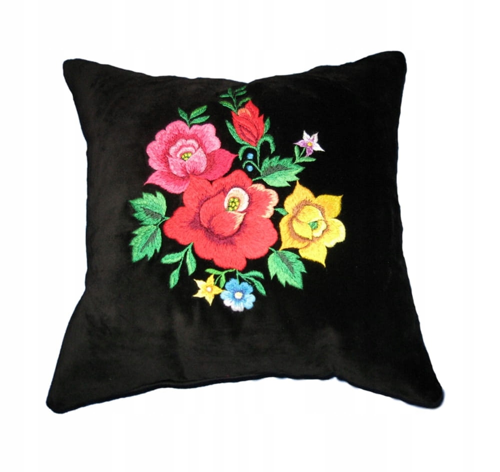 Černý Polštář Z Folkového Sametu Rybářská Výšivka Barevné Růže