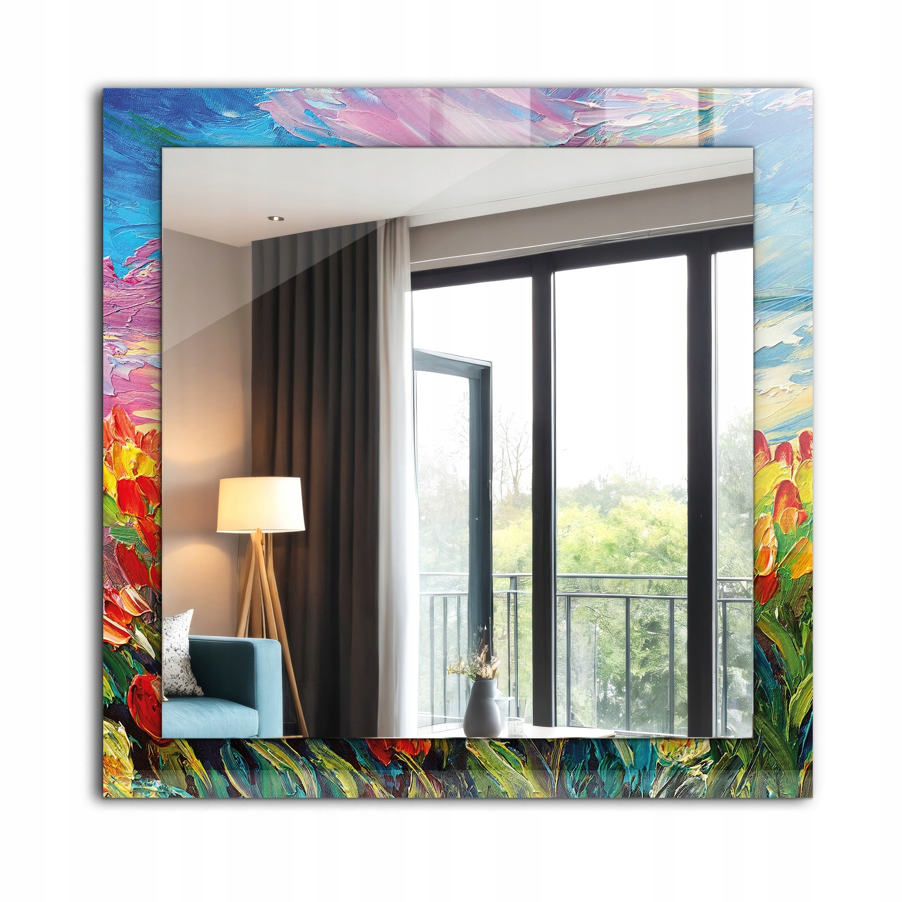 Dekoratívne štvorcové zrkadlo do domu, pracovného bytu 60x60, pole tulipánov