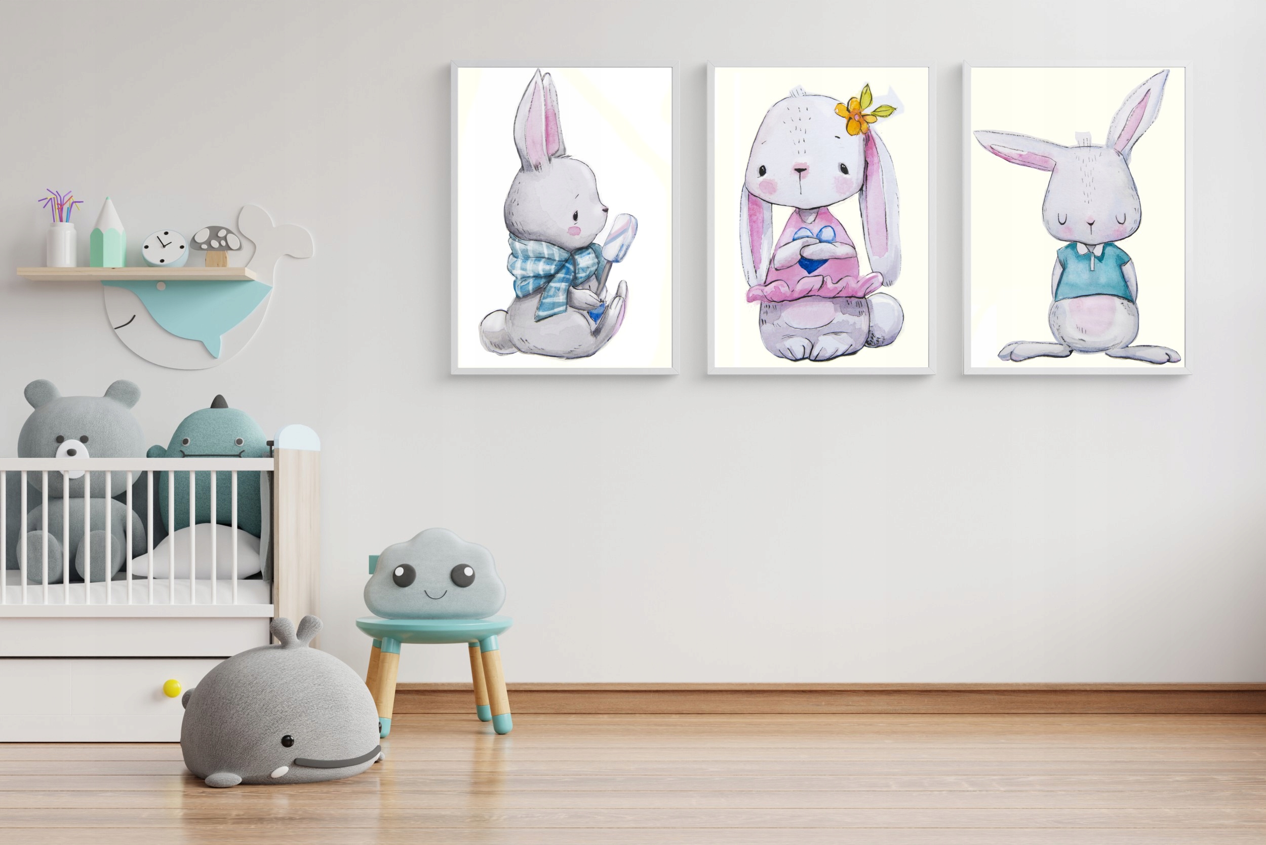 ZESTAW 3 OBRAZKI PLAKATY A4 króliczki słodkie Płeć chłopcy dziewczynki