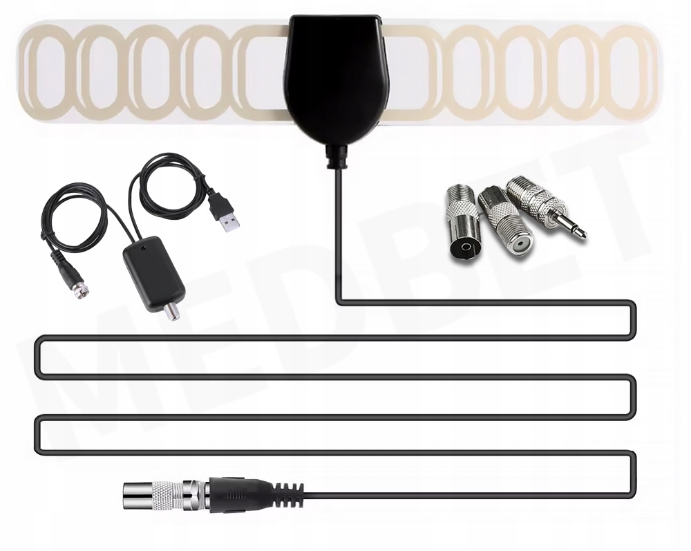 ANTENA FM RADIOWA AKTYWNA POKOJOWA WZMACNIACZ USB + 4 WTYKI ADAPTERY