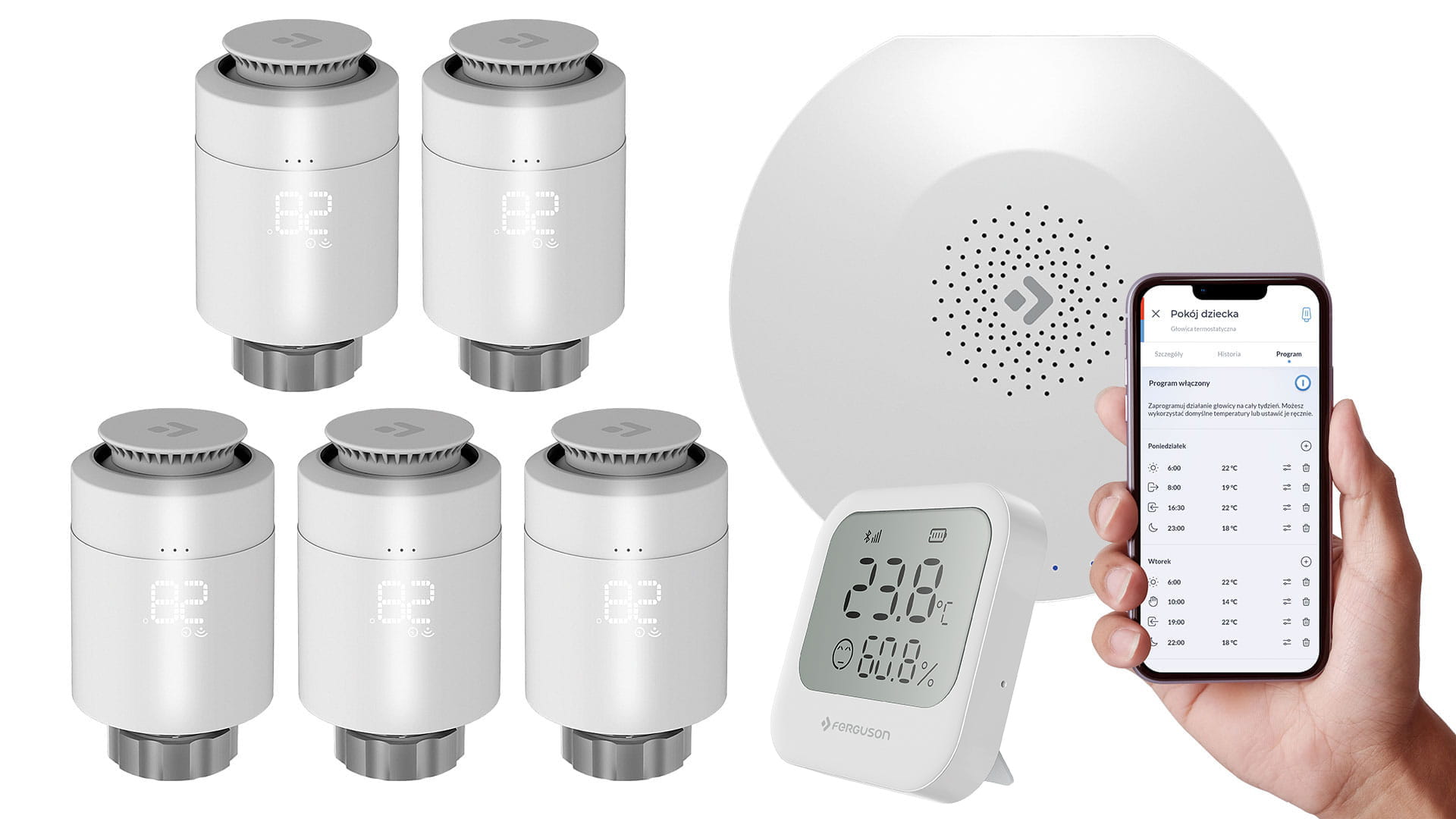 5x termostatická hlavica Ferguson snímač ústredňa Smart Home