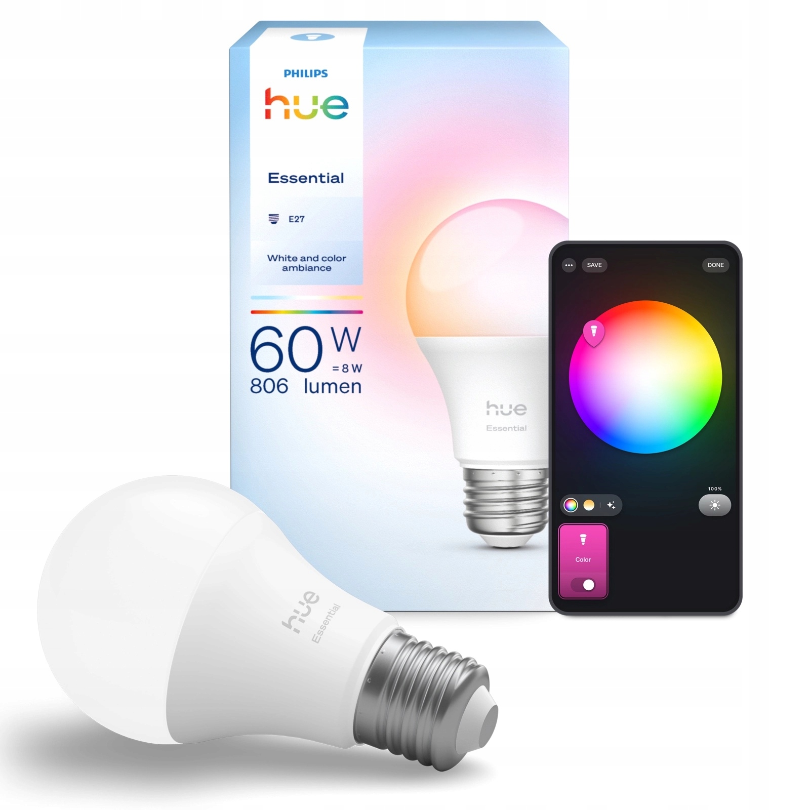 Led žárovka E27 8W 806lm Cct Rgb Inteligentní Philips Hue Essential 1 ks