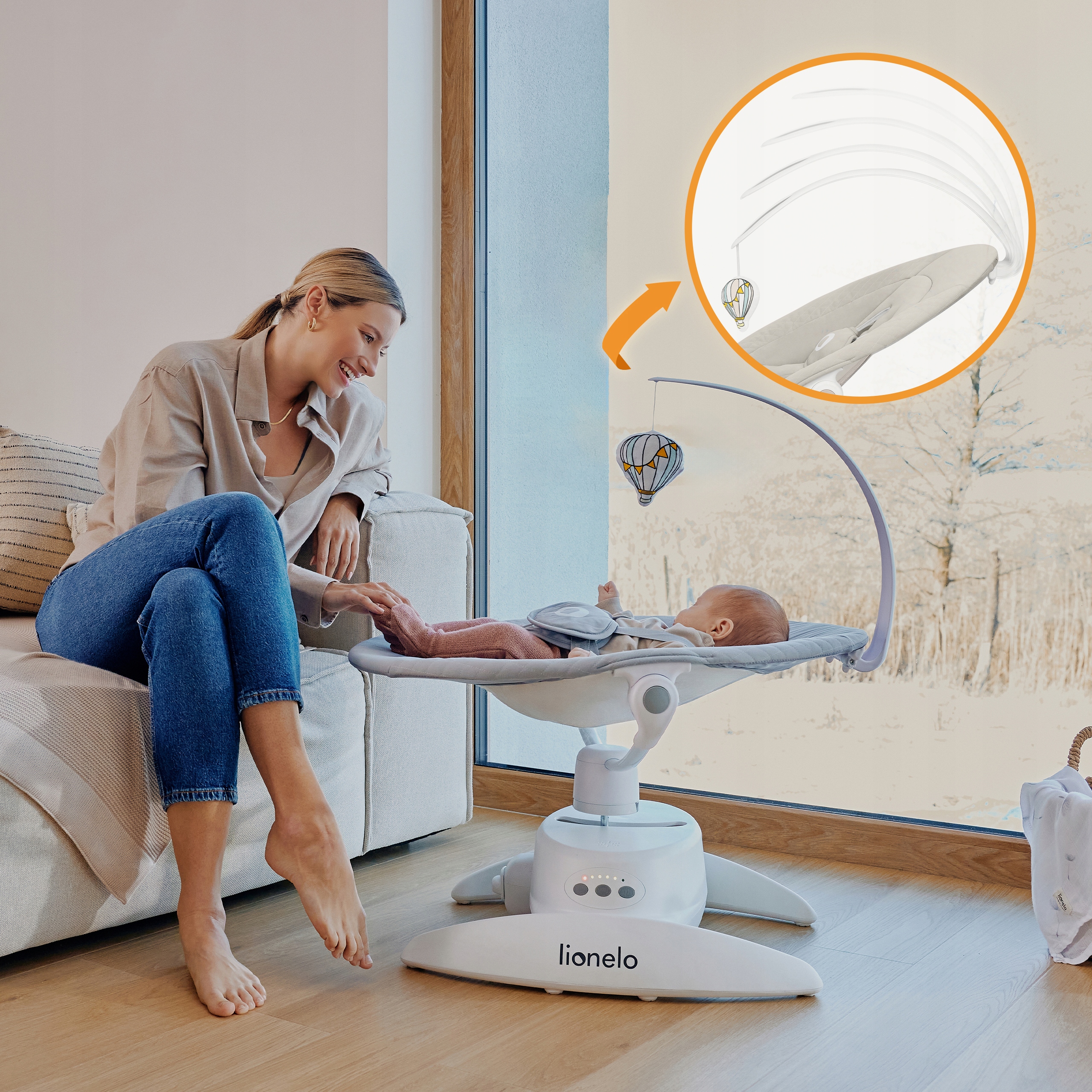 Bujaczek leżaczek elektryczny obrót 360°panel sterowania 0-9kg Lionelo Iris Szerokość produktu 55 cm