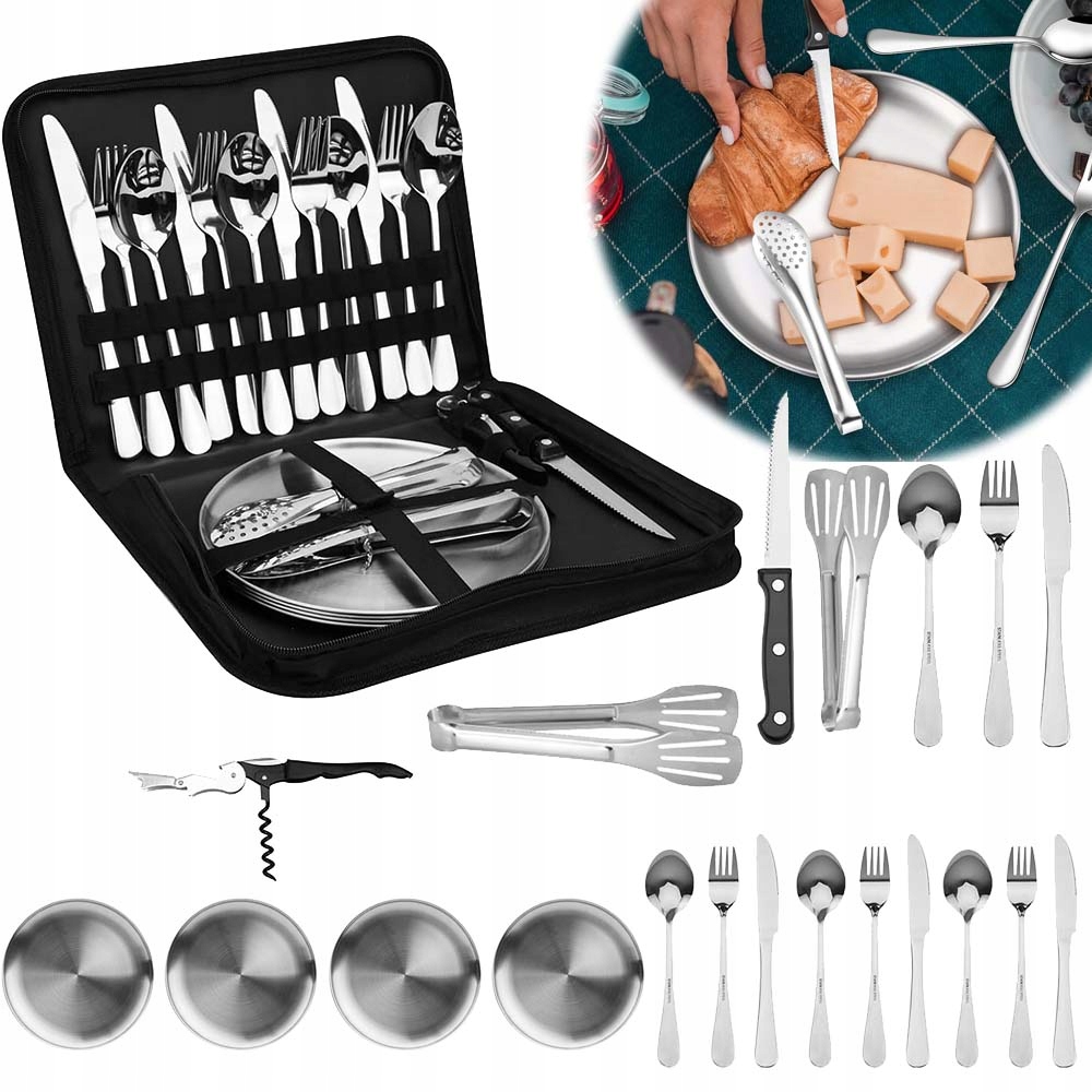 Naczynia Turystyczne Sztućce Talerze Kemping Survival Zestaw 4 Osób 20EL XL