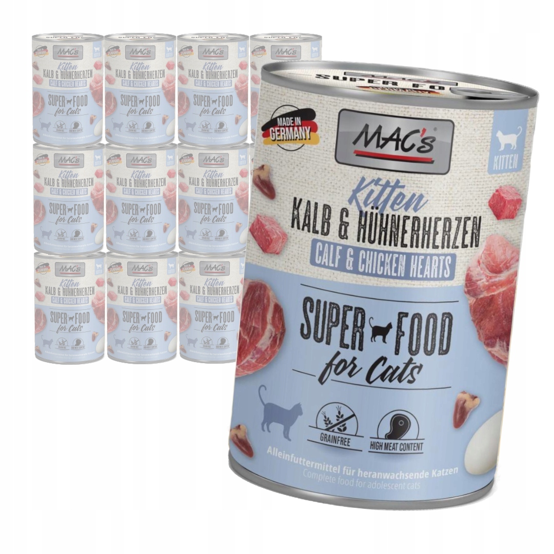 Levně MAC's Kitten Vlhké Krmivo pro koťata Telecí srdce Drůbeží 12x400g