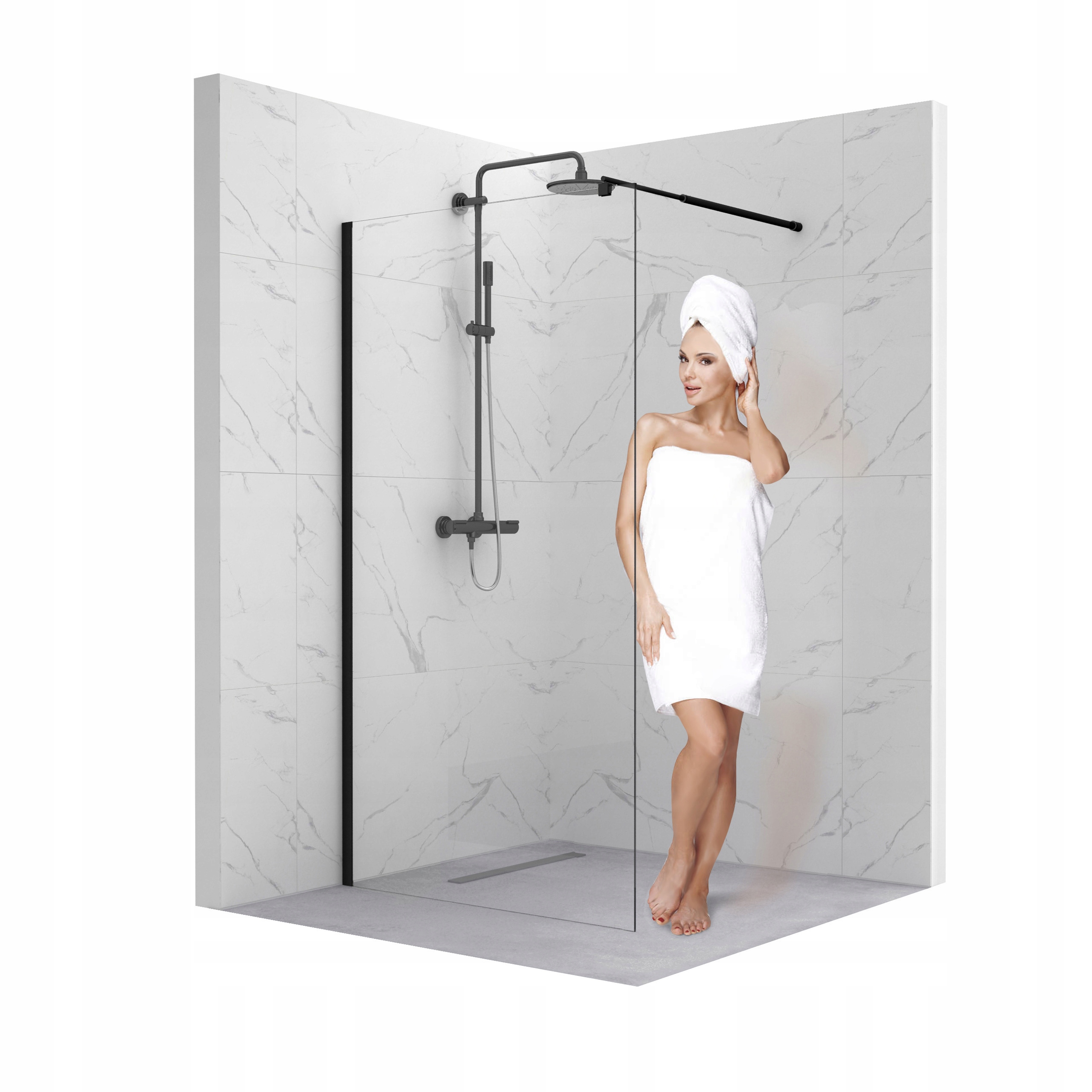 ŚCIANKA SZYBA PRYSZNICOWA WALK-IN 70 CM CZARNA DRZWI KABINA SZKŁO 8MM ESG
