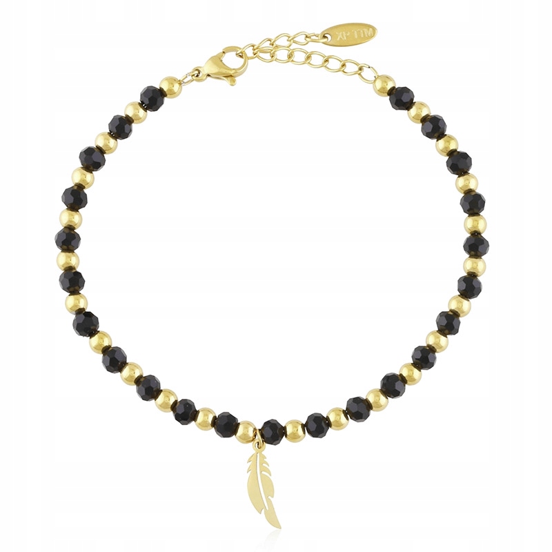 BRANSOLETKA CZARNE KORALIKI STAL CHIRURGICZNA ZAPINANA PIÓRKO