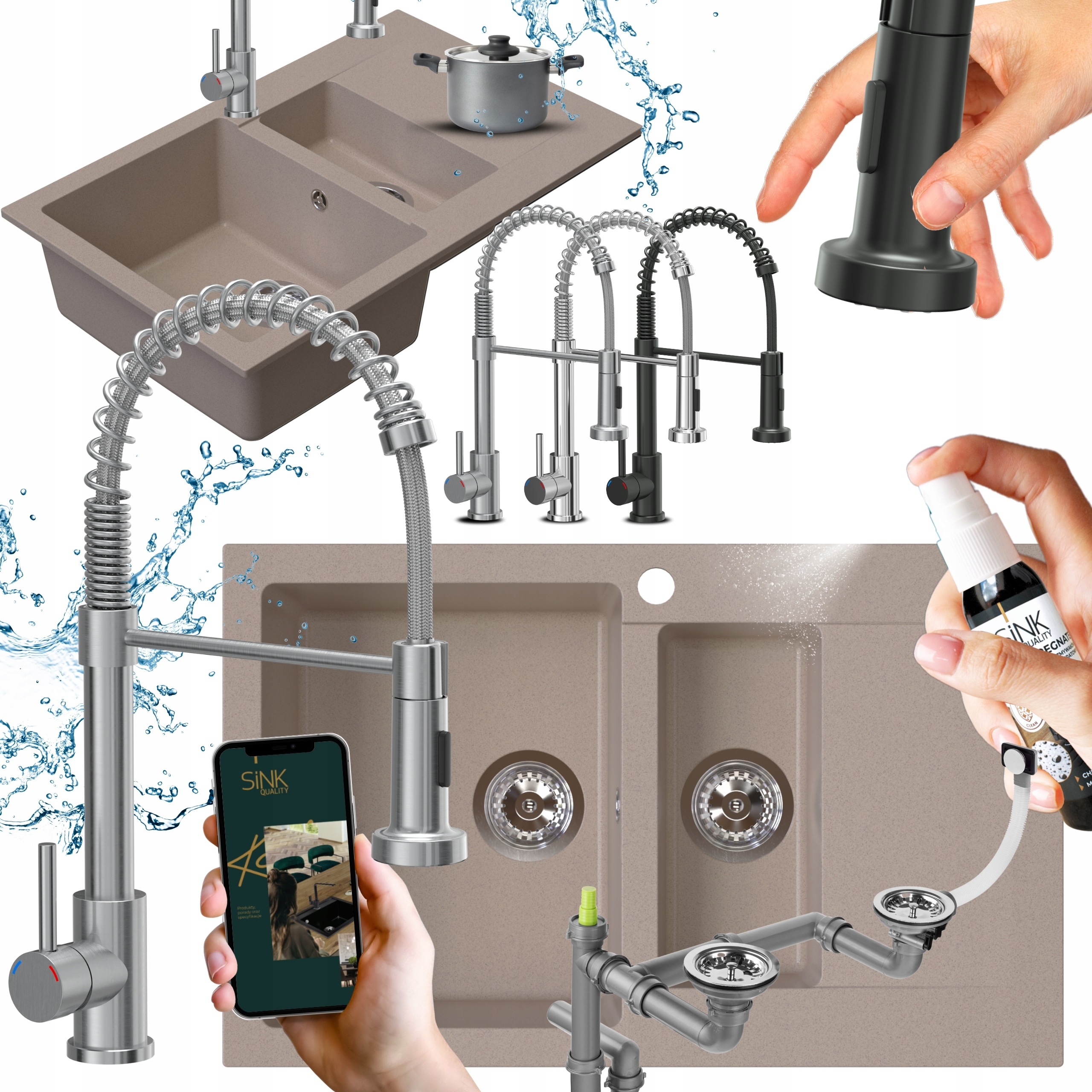 Granitový dřez Dvoukomorový béžový s Baterií Sifon Impregnat 8v1