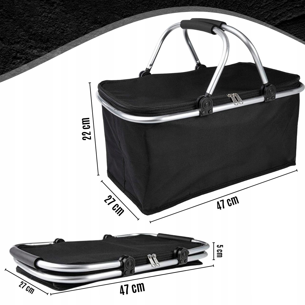 KOSZ PIKNIKOWY SKŁADANY KOSZYK TERMICZNY NA ZAKUPY PIKNIK RÓŻNE WZORY Kolor dominujący czarny