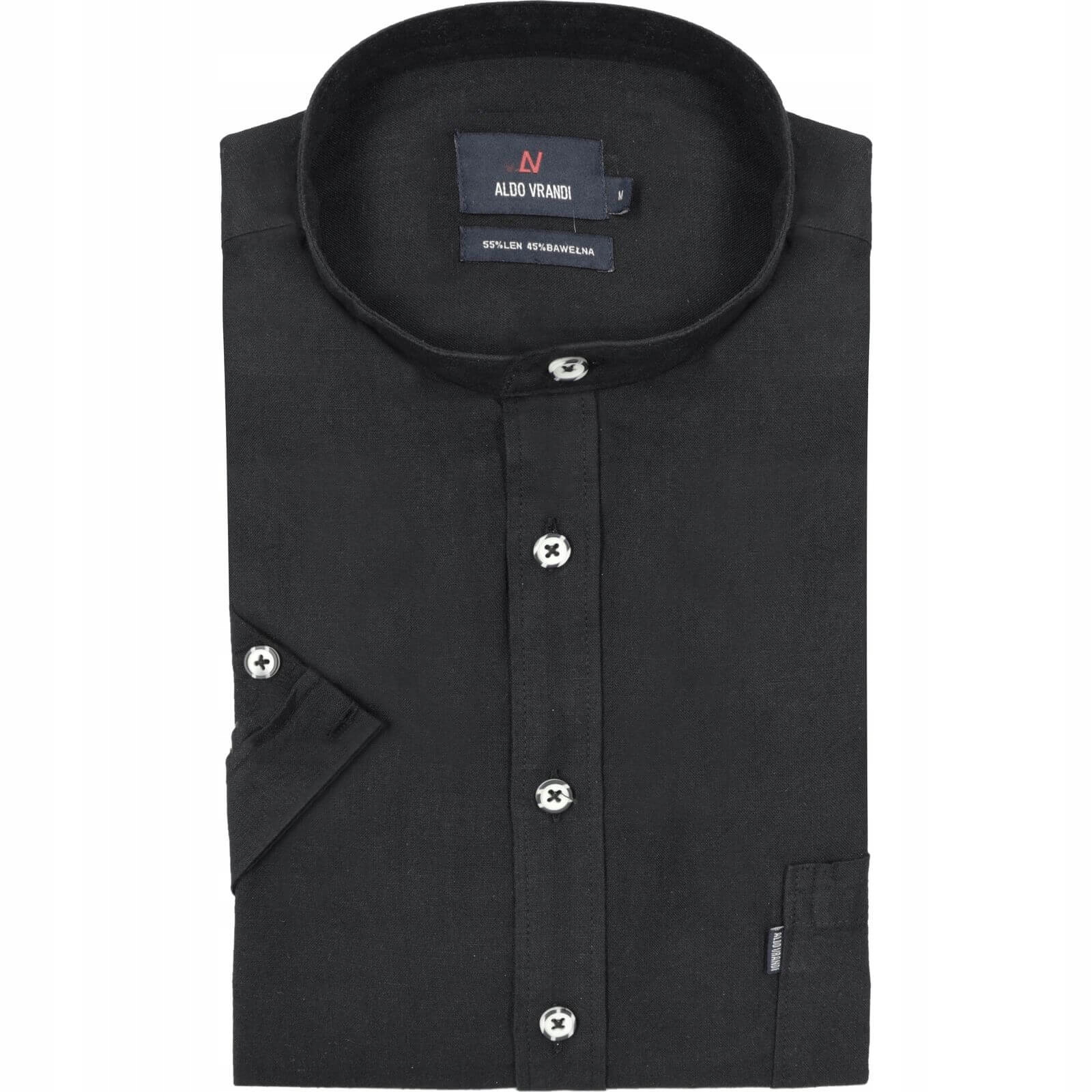 Lniana Stójka Czarna Koszula Męska Regular Fit AldoVrandi 3XL_klatka_132