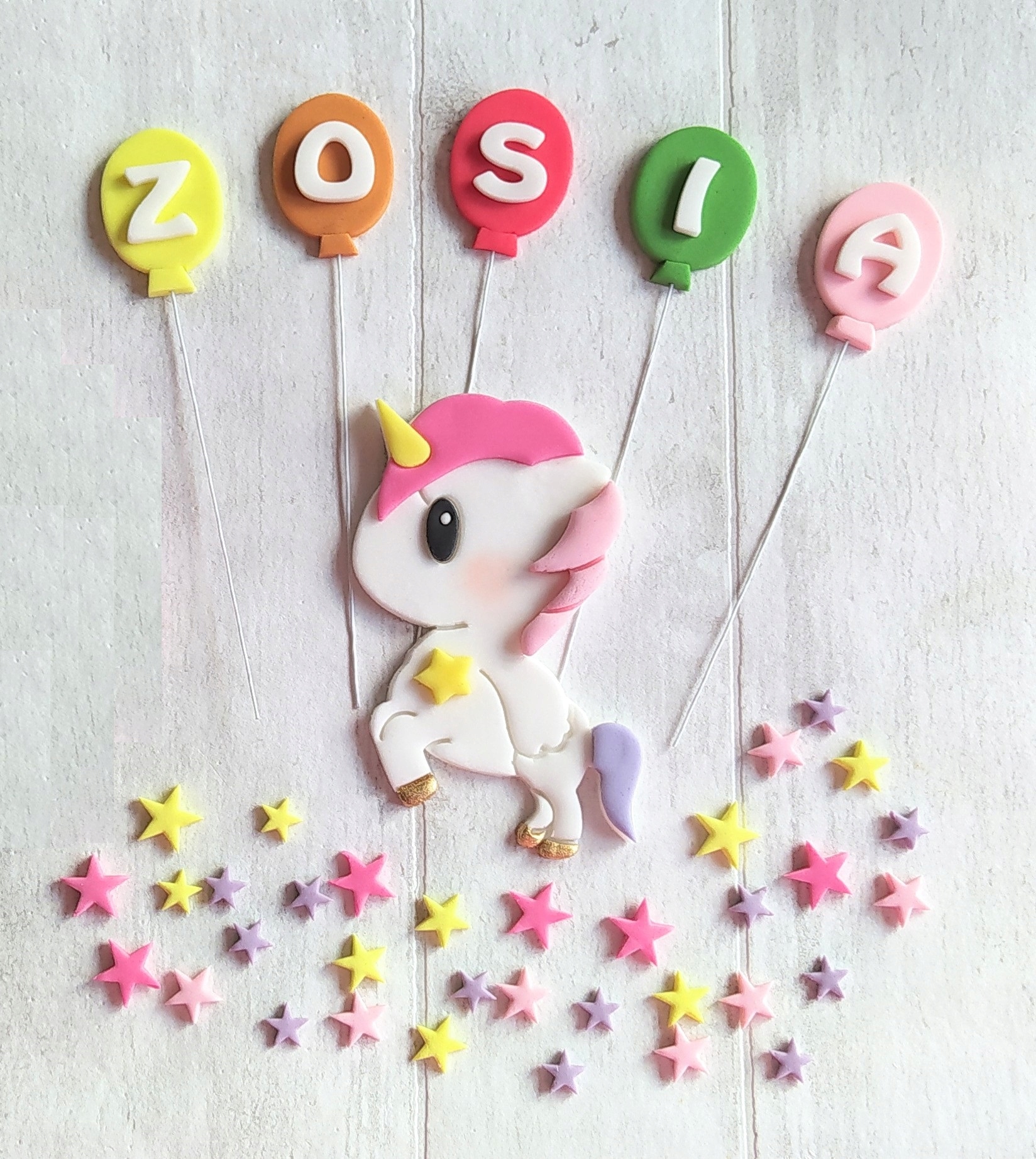 Levně Jednorožec poník nápis písmena zápich Sada dekorací z cukrové hmoty