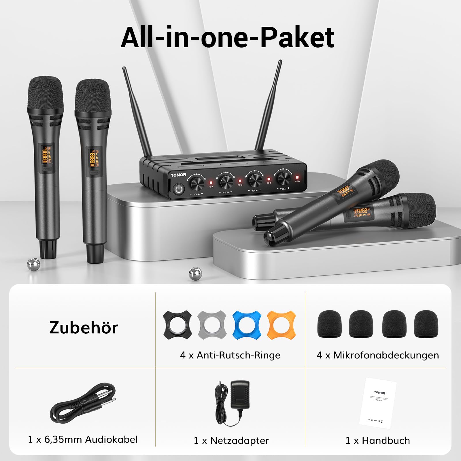 TONOR Zestaw Mikrofonów Bezprzewodowych 4x5 Kanałów 60m Karaoke Scena — miniatura 8