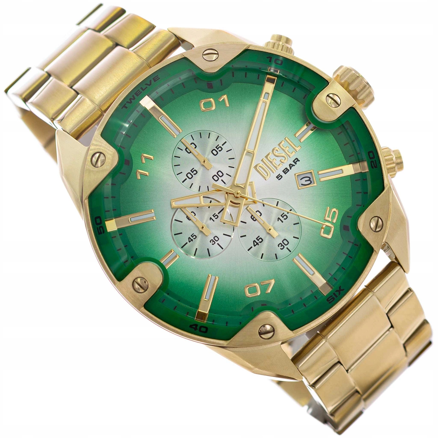 Pánské Diesel Hodinky DZ4685 Zlaté Spiked Na Náramku Chronograf Neobrite