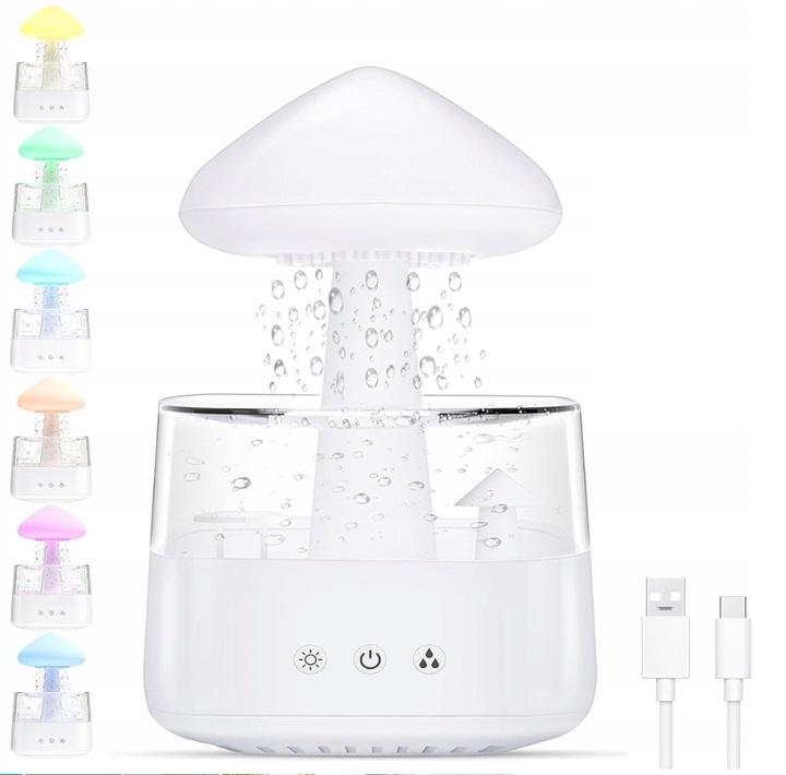 Zvlhčovač Vzduchu Led Houba Noční Lampa Obláček Kapky Deště Usb Rgb