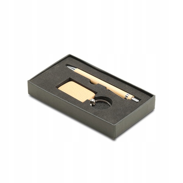 ELEGANCKI DŁUGOPIS I BRELOK OVAR W PUDEŁKU, DREWNO + METAL BRĄZOWY