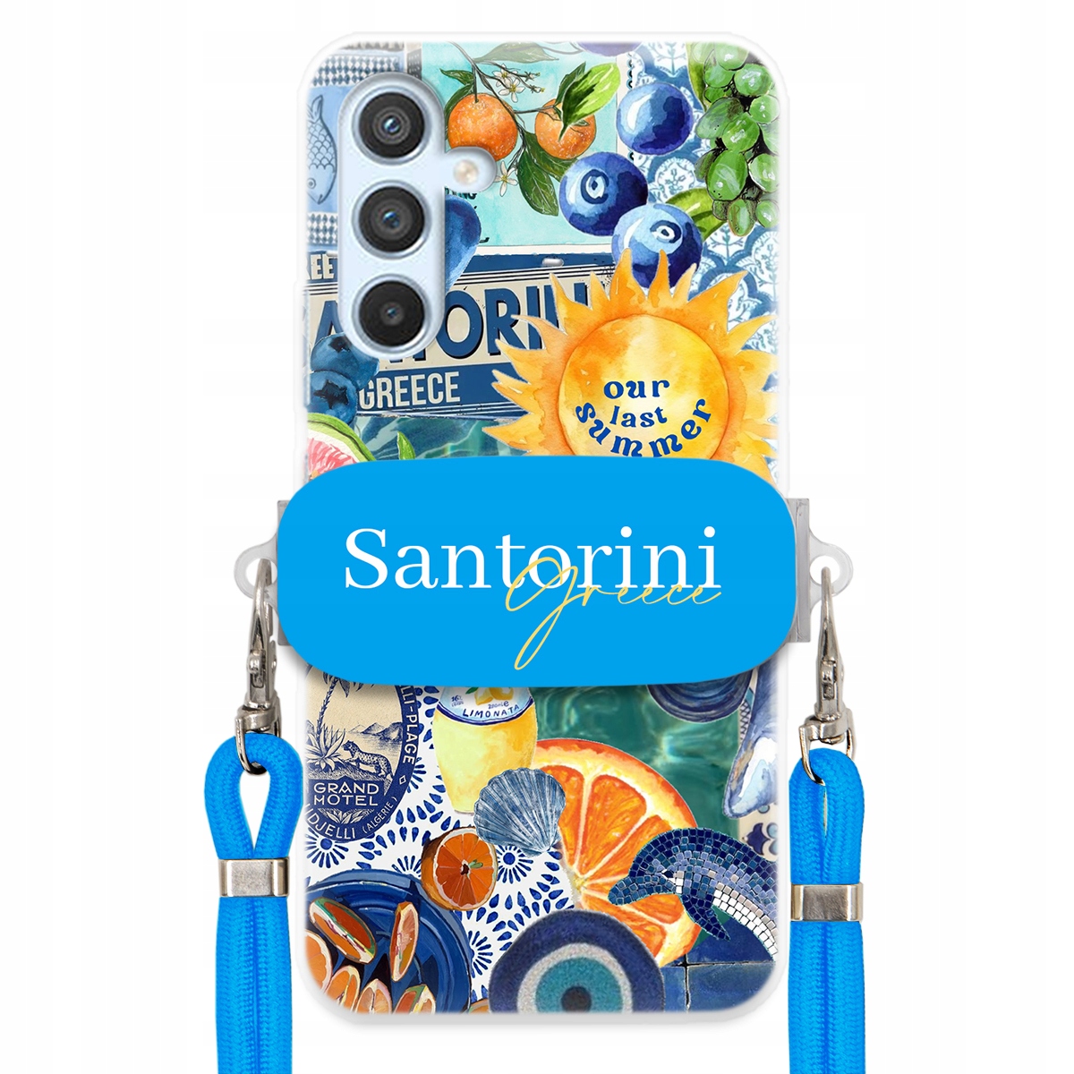 Puzdro pre Samsung A25 5G Modré Crossbody vodítko držiak Santorini Greece