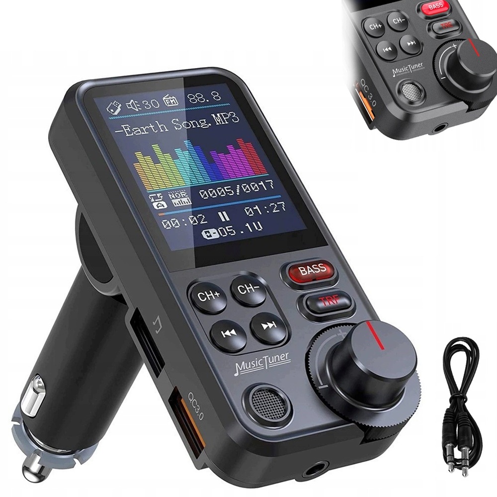 Bluetooth Fm Vysílač Handsfree Sada QC3.0 Sd Bass Velký LCD 24V