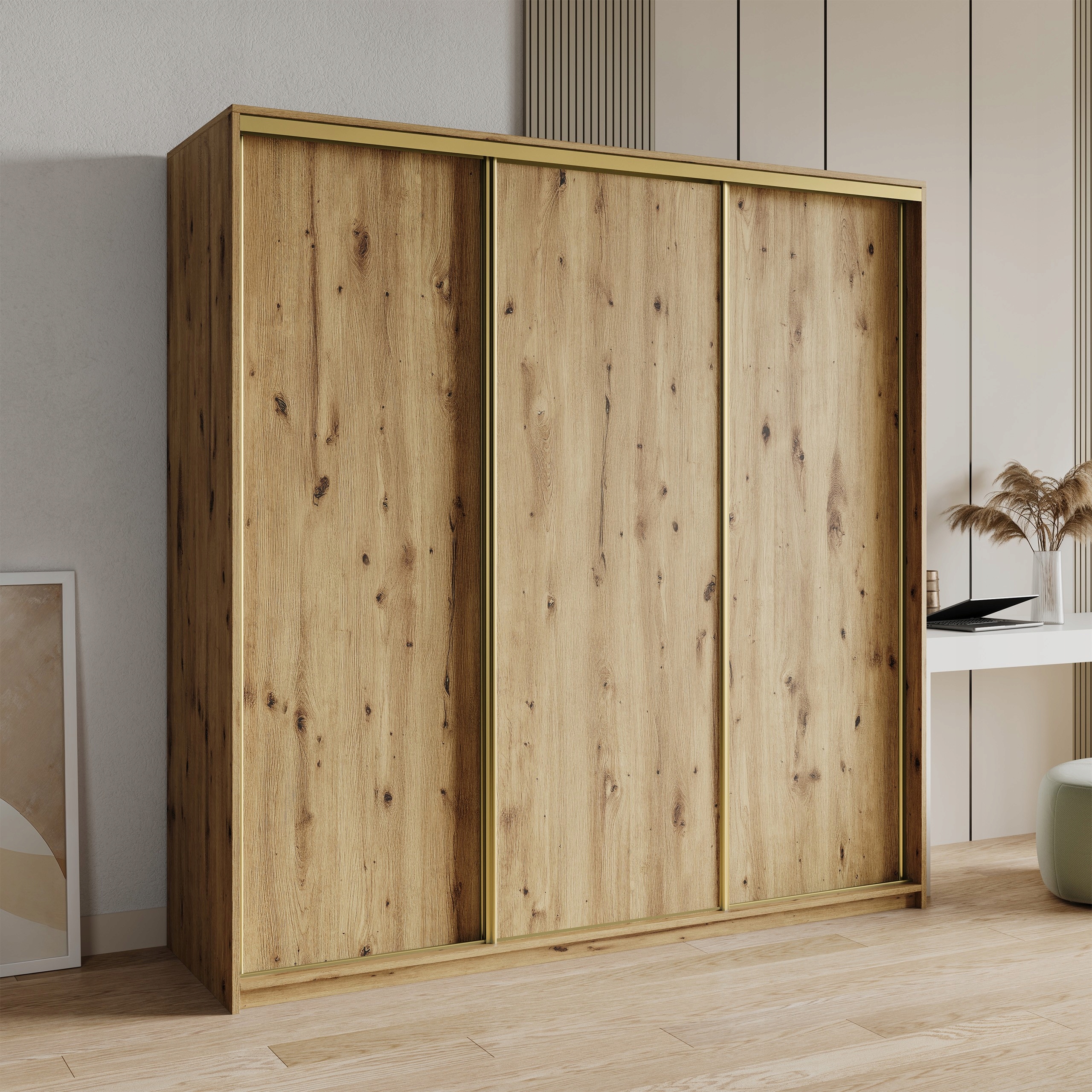 Skříň Třídveřová Nisse 200 cm Zásuvky Dub Artisan Zlatá
