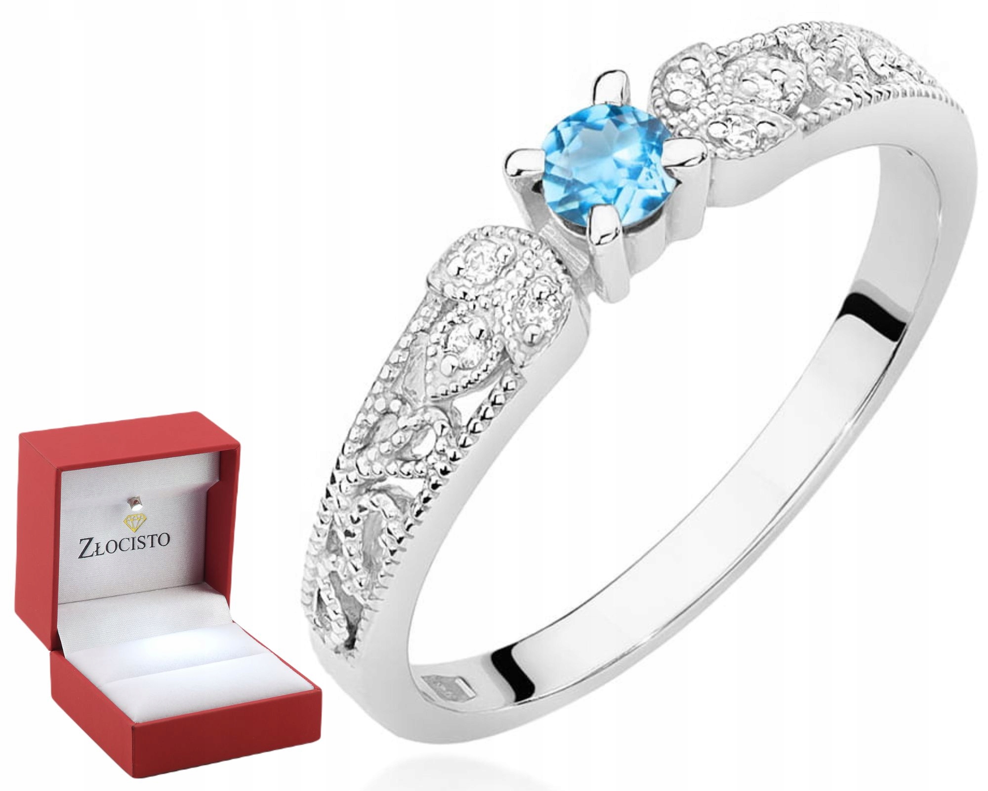 Prstýnek Bílé Zlato Topaz A Diamanty Gravírování 585 Dárek