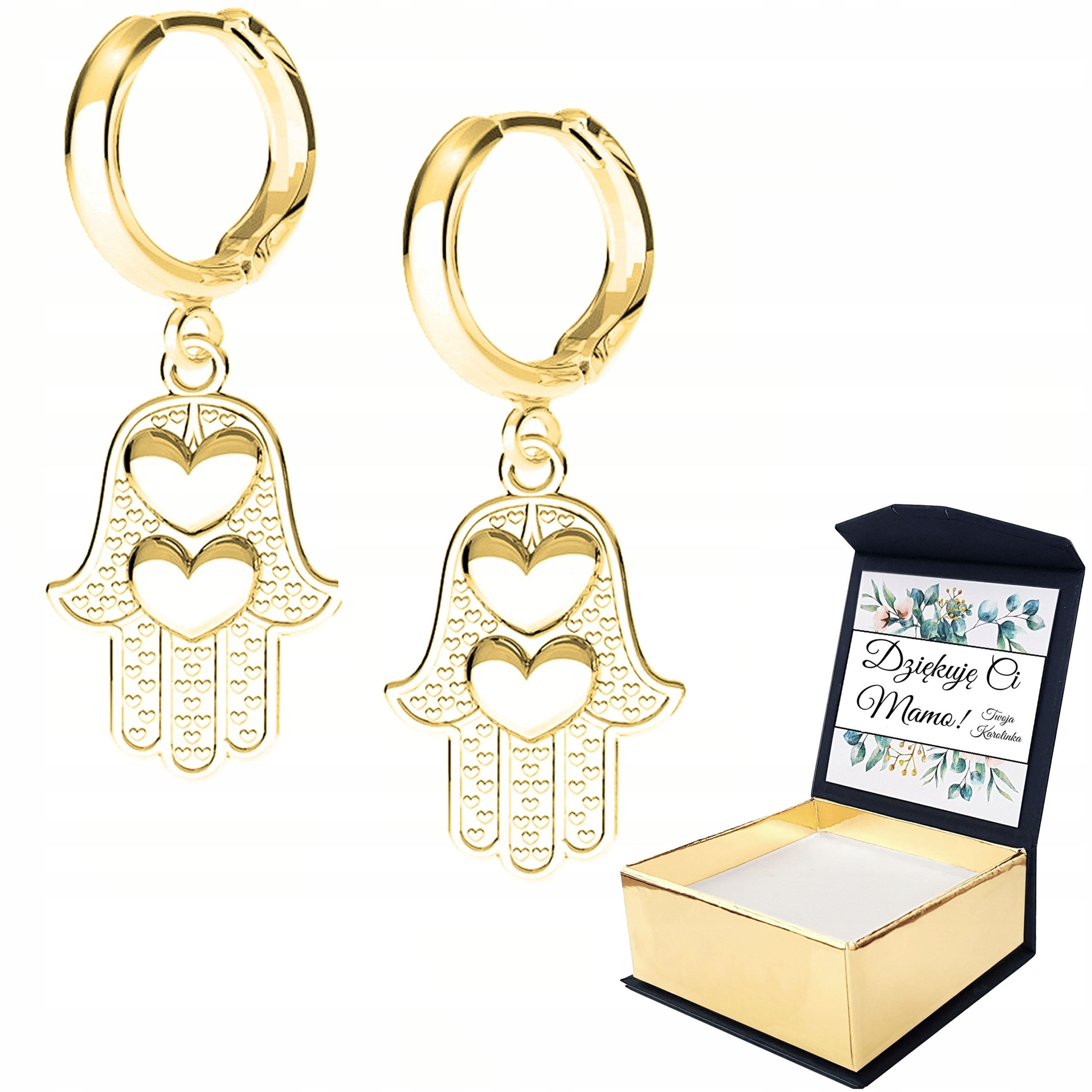 Zlaté Náušnice 925 Ruka Prozřetelnosti Pozlacené 585 Srdíčka Vlastní Potisk