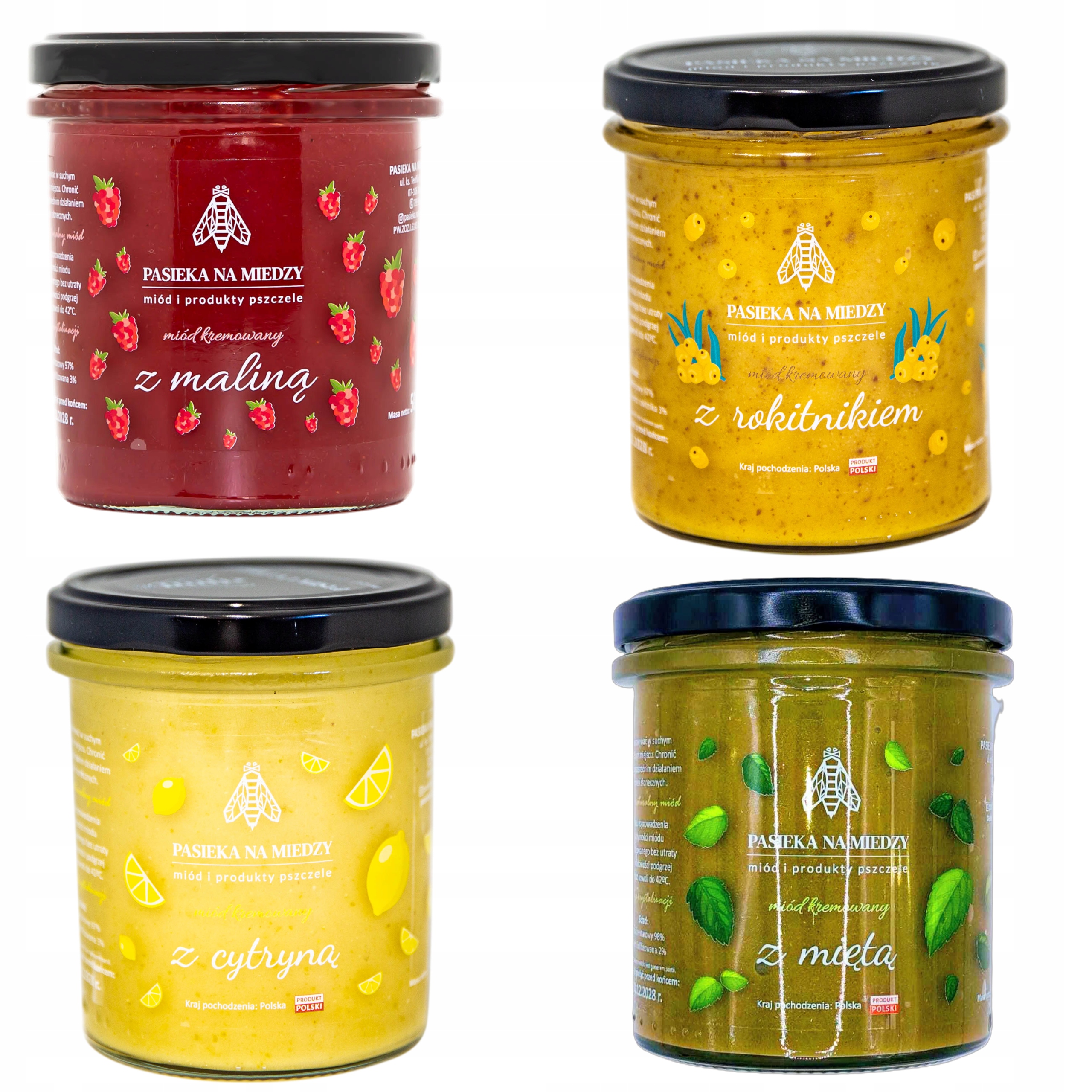 Levně Sada chuťových medů 4×450 g Malina Citron Rakytník Máta