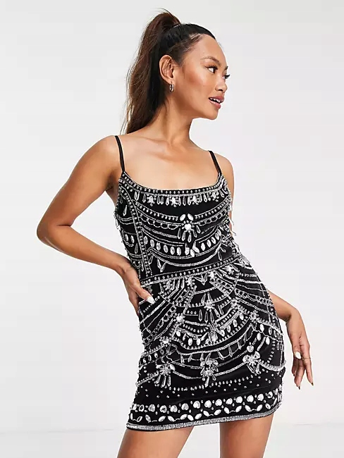 Zdobené Flitrové Šaty S Třásněmi Křišťály Design 36 S