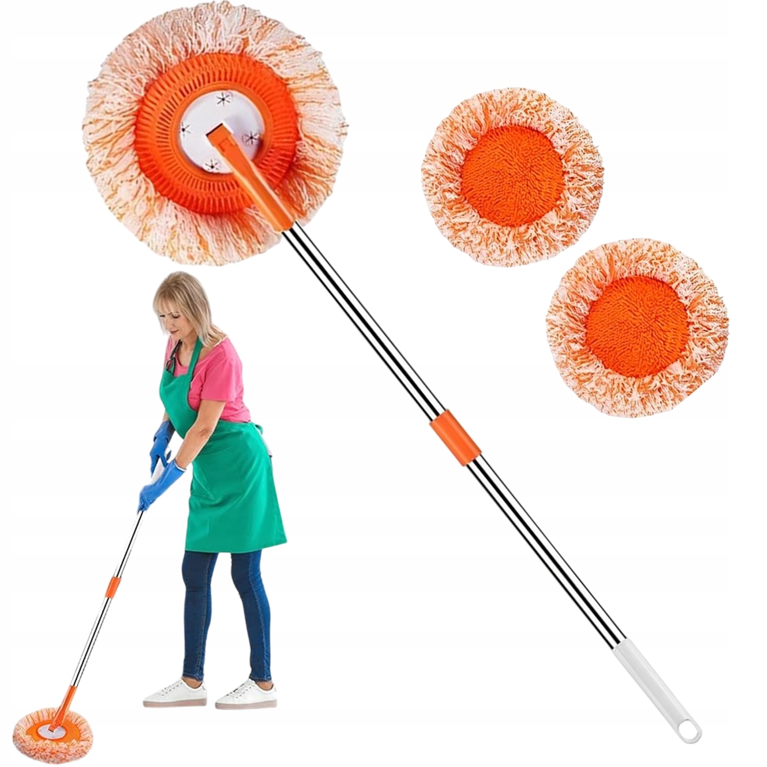 Levně Rotační Mop Z Mikrovlákna, 3 Hlavice, 3 Tyče Na Okna A Podlahy, Oranžový