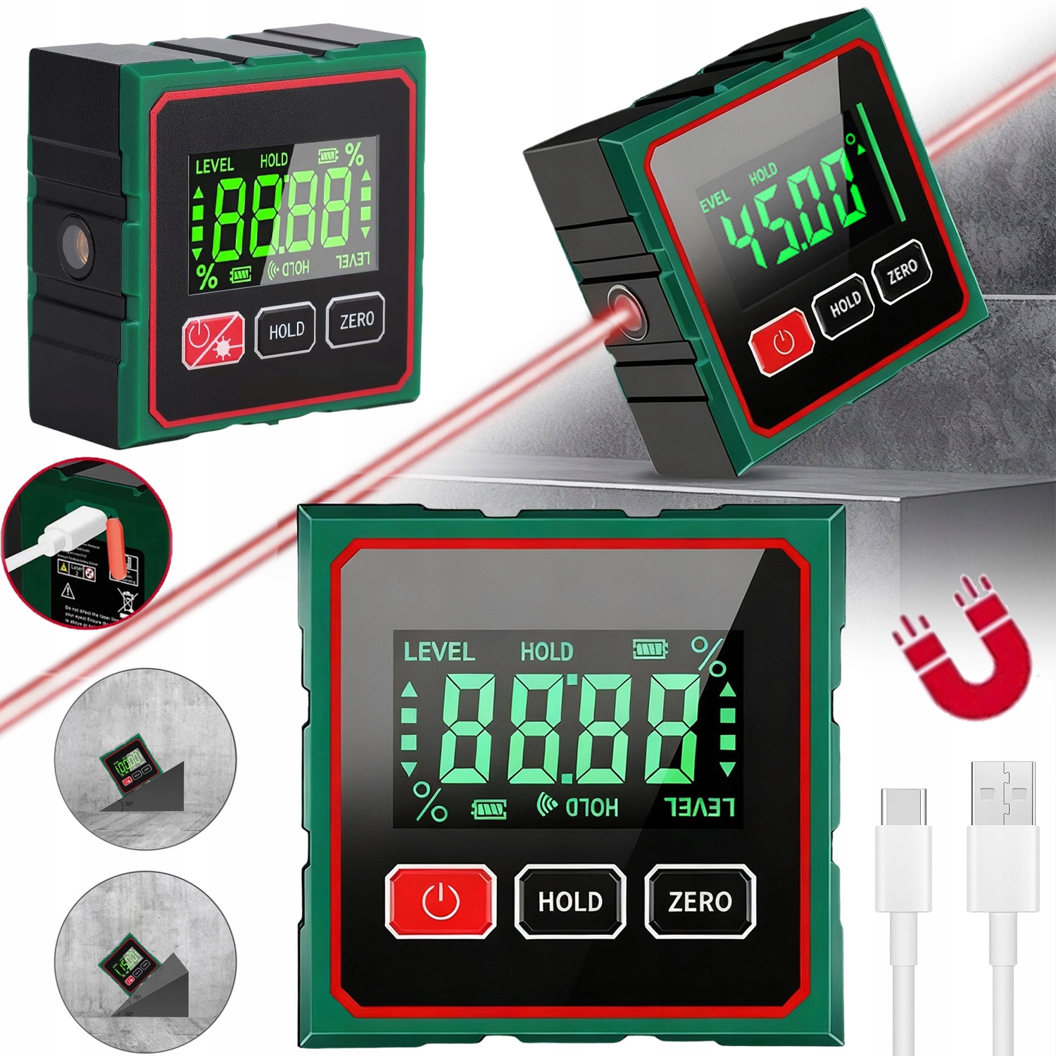 4X90° Elektronický Digitální Laserový Úhloměr – Nabíjí Se Přes Usb LCD
