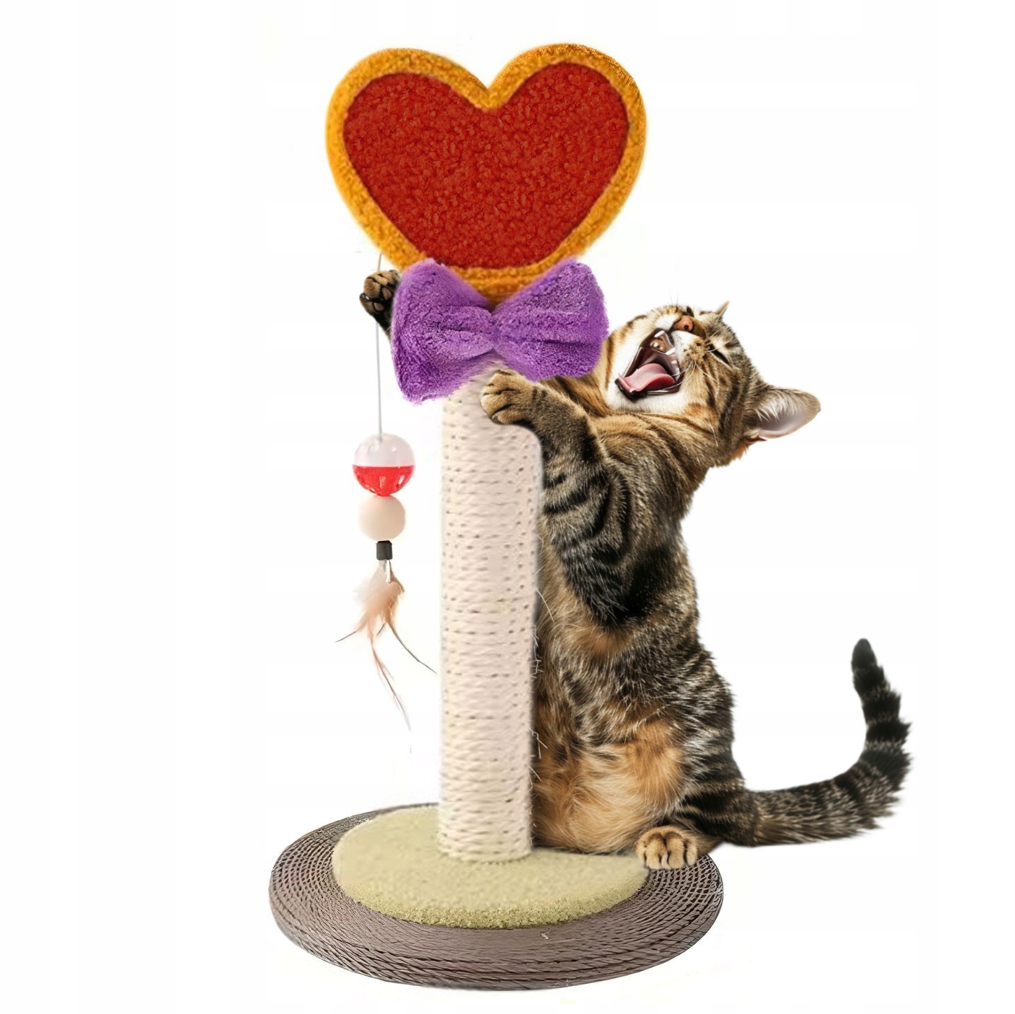 Levně Srdce Roztomilý sisalový škrabák pro kočky s míčkem a peříčkem 52 cm