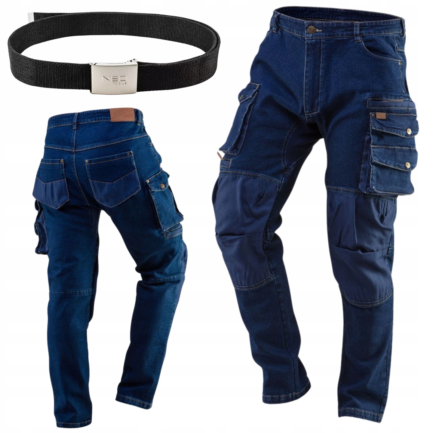 Neo Spodnie Robocze Męskie Jeans z Paskiem Stretch Denim Wzmocnienia Oxford