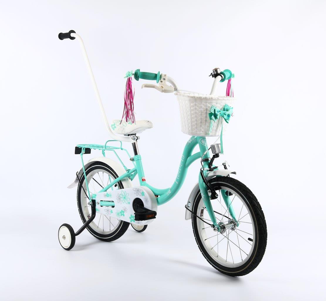 Rower 16" Flowers dla dziewczynki miętowy kółka boczne prowadnik koszyk Pl