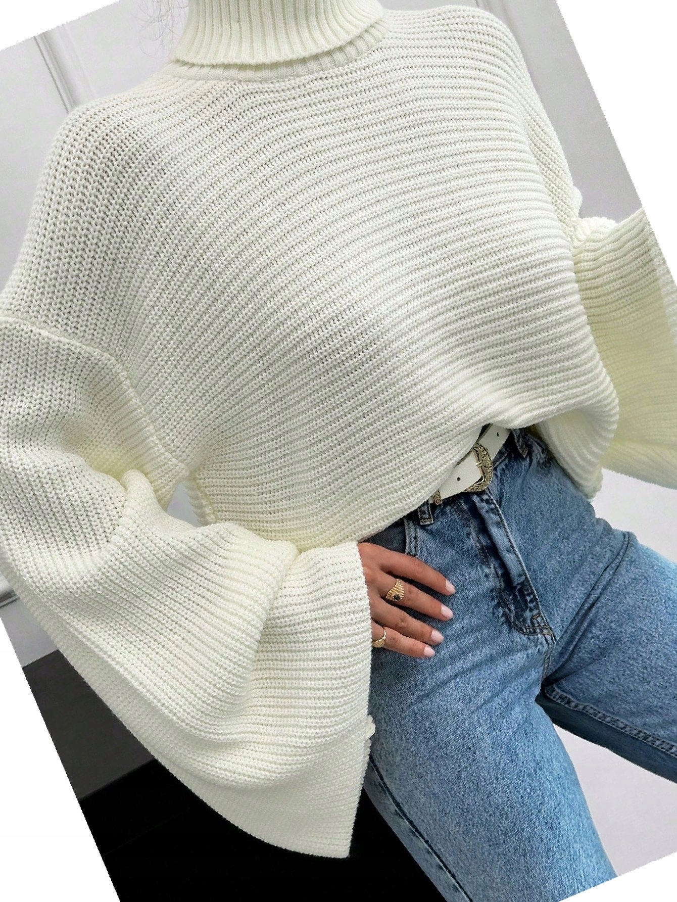 Dámský svetr s golfem Široký rukáv Casual Krémový Oversize L 40