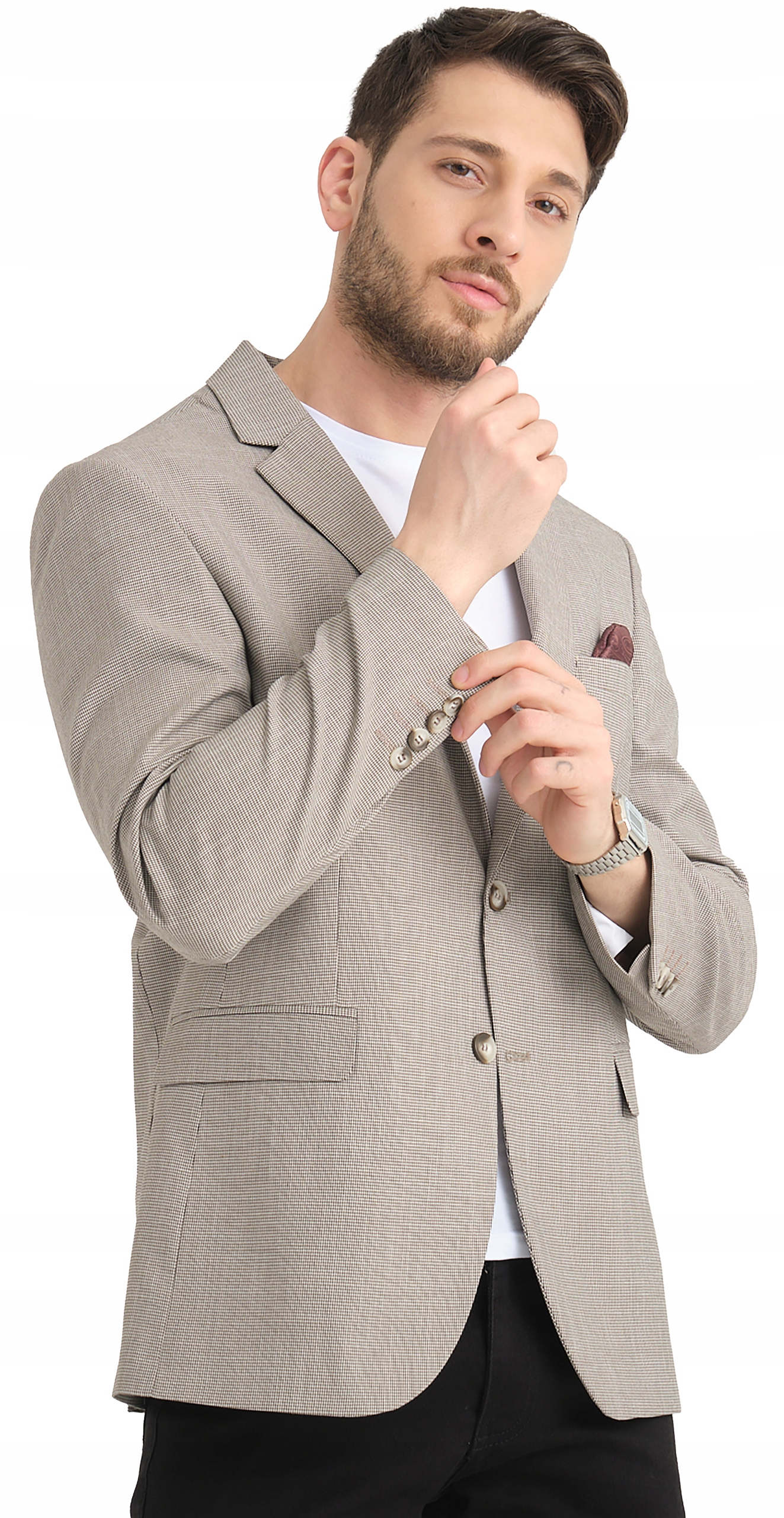 MARYNARKA MĘSKA BEŻOWA W PEPITKĘ WIZYTOWA ELEGANCKA BIZNESOWA CASUAL 48 Marka inna