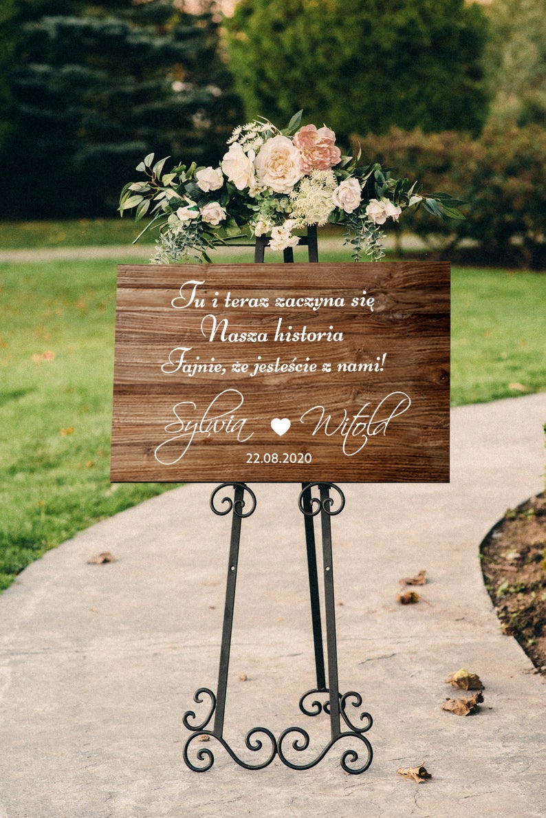 DREWNIANA RUSTYKALNA TABLICA POWITALNA 50x70 Z CYTATEM WESELE ŚLUB Kod producenta 6842170243