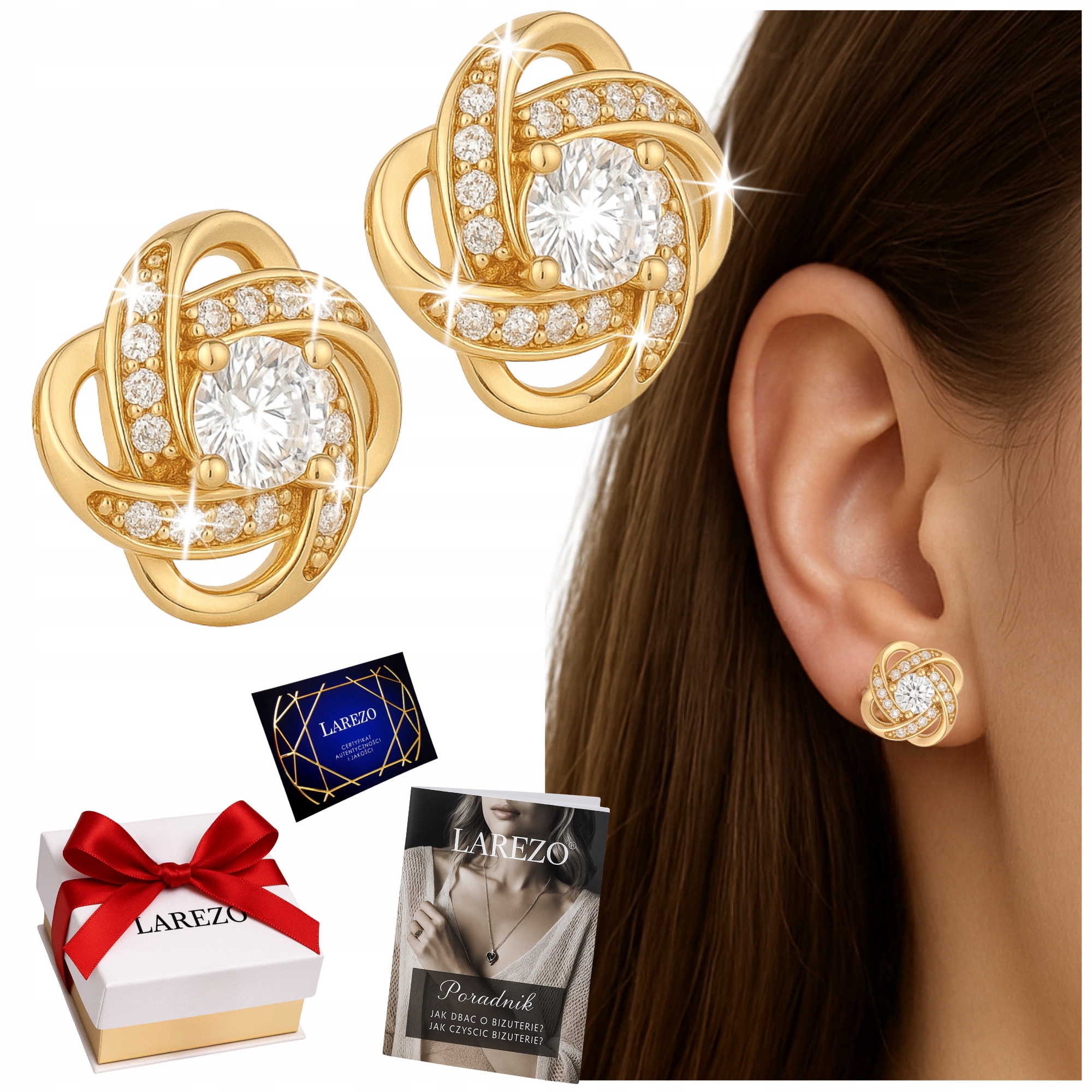 Zlaté Náušnice s elegantními kudrnatými zirkony, vázané, pozlacené Stříbro 925