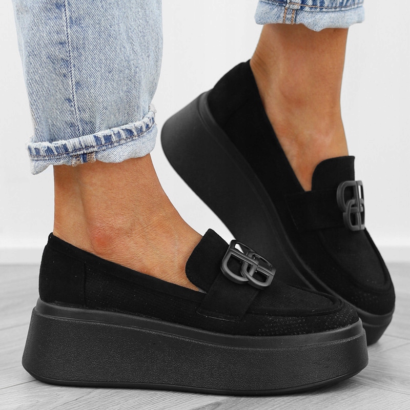 Czarne półbuty damskie platforma ażurowe mokasyny DS23109 r.38 Marka bez marki