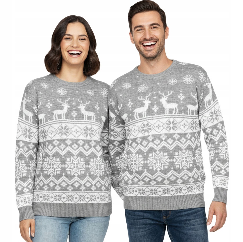 Vánoční svetry pro páry šedé s sobíky, sada dvou vánočních kompletů