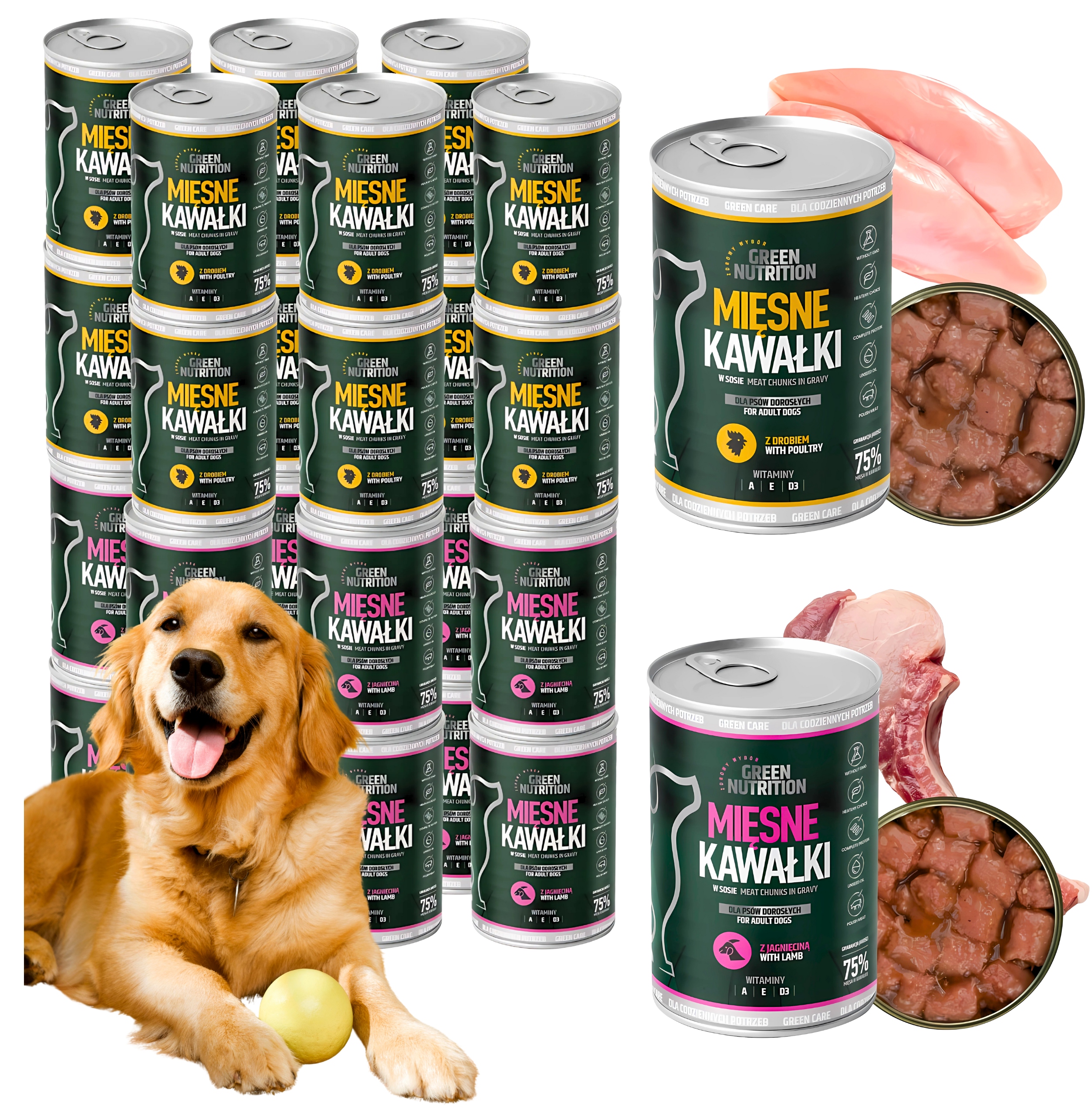 Levně Krmivo pro psy Vlhké konzervy 415 g Masové kousky Green Nutrition Sada x24