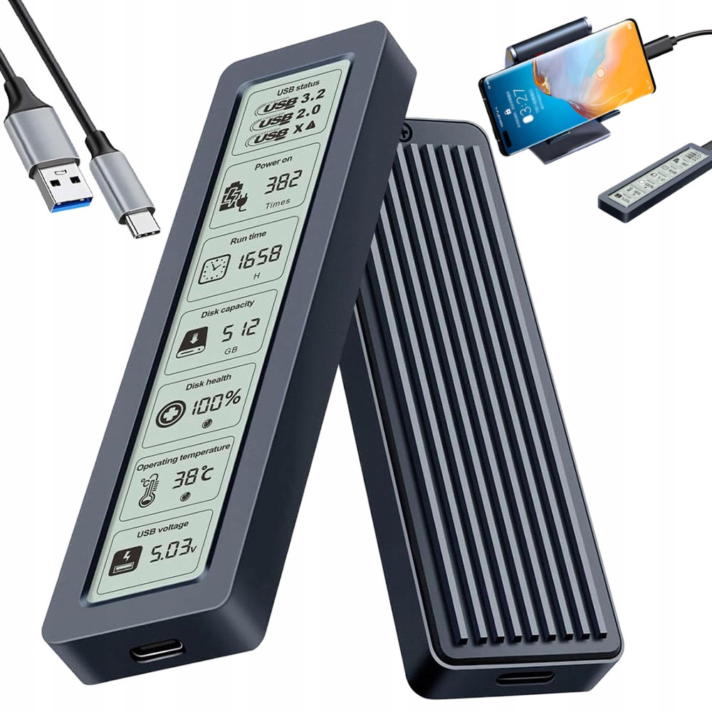 Obudowa SSD NVMe i SATA M.2, USB-C Gen2, chłodzenie aluminium i wyświetlacz LED