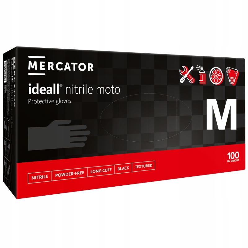 Rękawiczki nitrylowe CZARNE MERCATOR ideall MOTO BLACK mocne 100 szt. r.M Kod producenta Rękawiczki do Warsztatu Mechanika Mocne