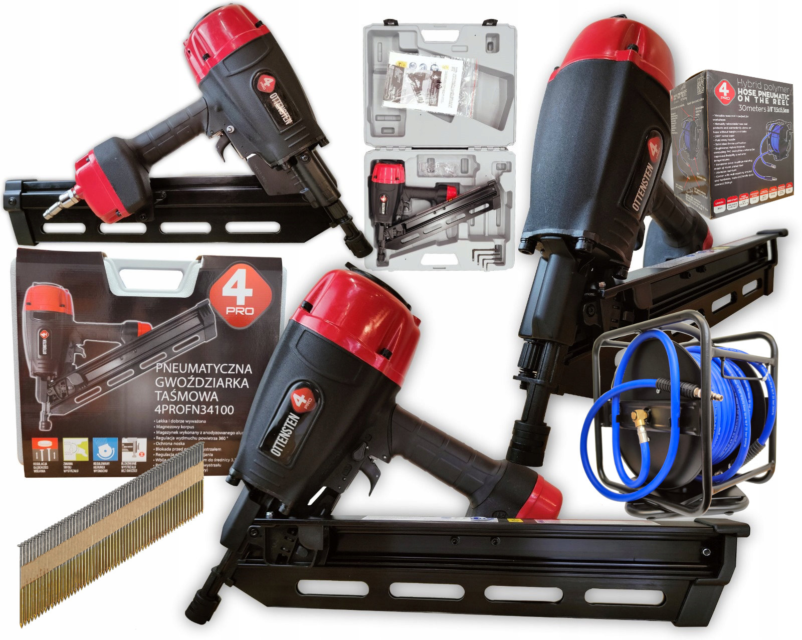 Gwoździarka Taśmowa 4PROFN34100 papier 34° 50-100mm wąż 30m na bębnie