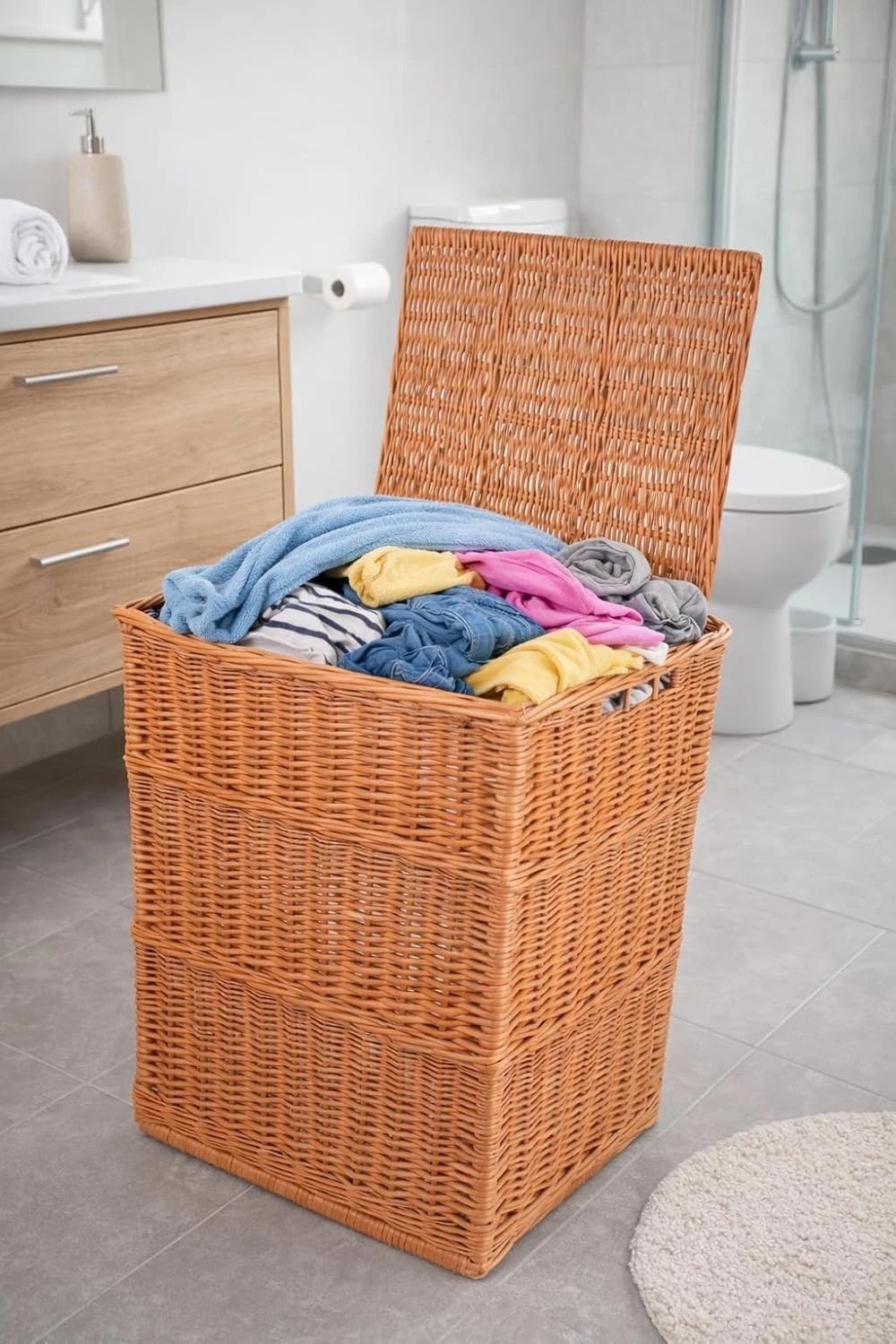 Aqbau proutěný koš na prádlo do koupelny, velký eko košík s víkem 63x48x38