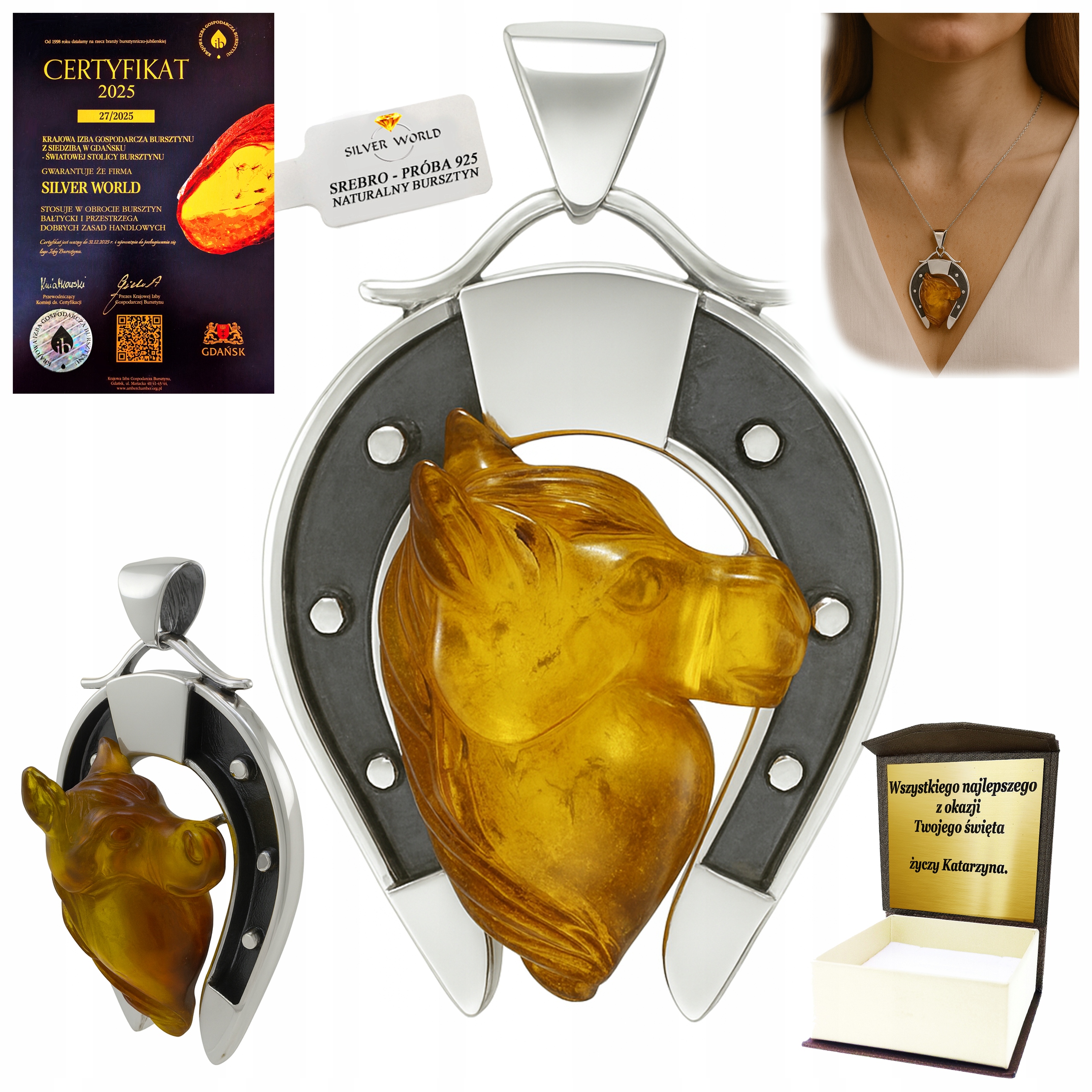 Stříbrný Přívěsek S Koňakovým Jantarovým Koněm Jako Dárek Gravírování WB30