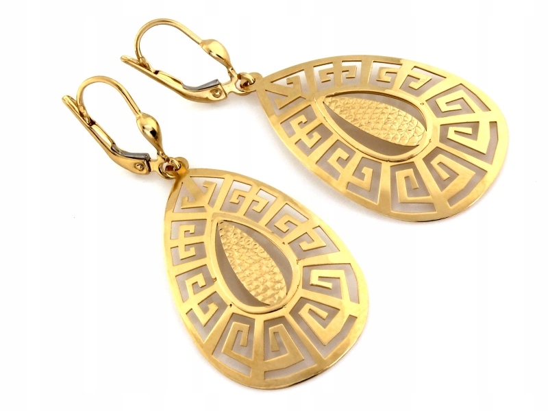 Elegantní náušnice zlaté 585, efektní závěsné s řeckým vzorem, dárek