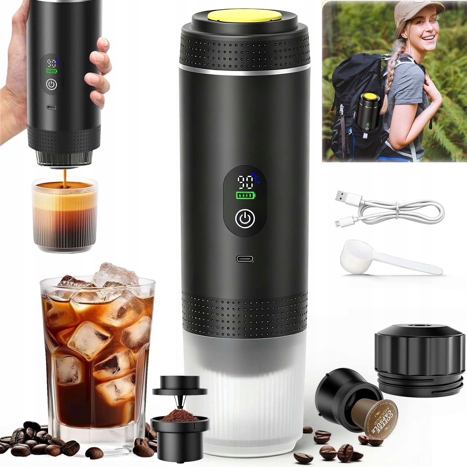 Přenosný Kávovar Na Mletou Kávu A Kapsle Do Auta, Bezdrátový, 80 ML