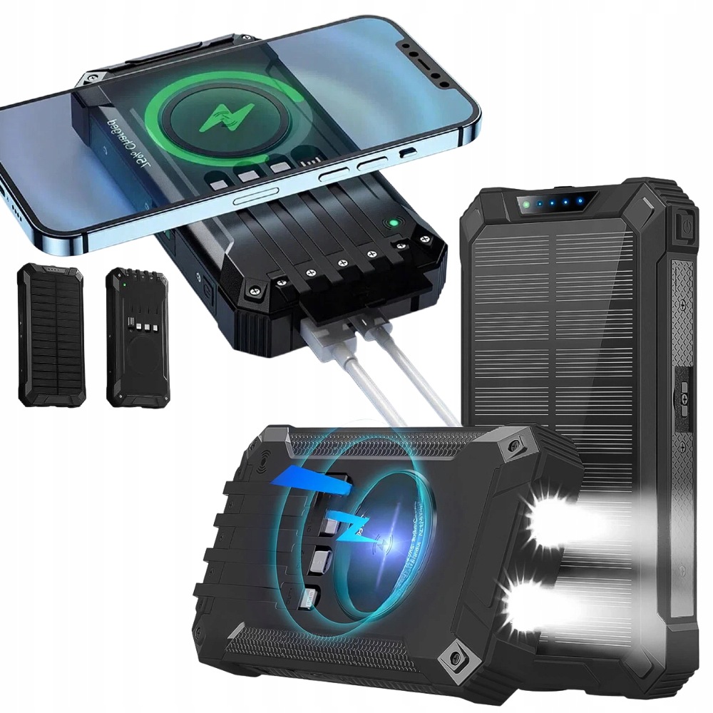 Bezprzewodowy Powerbank Solarny Indukcja Qi 20000MAH Abs Tpu Czarny