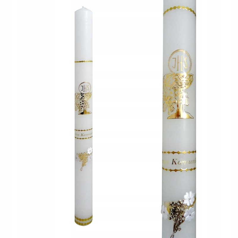 

Świeca Komunijna, złota naklejka białe kwiaty