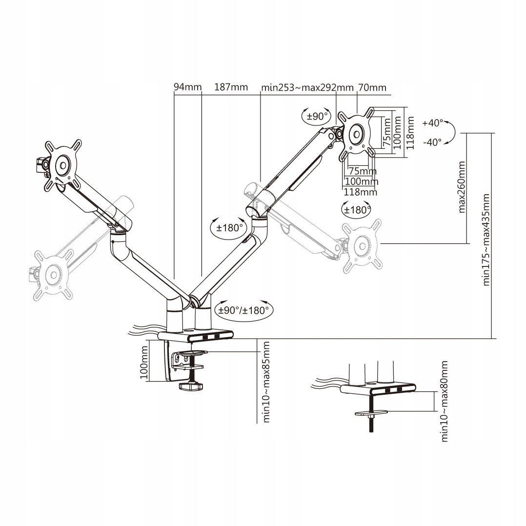 UNIWERSALNY OBROTOWY BIURKOWY UCHWYT NA 2 MONITORY LED LCD 17-32 CALI USB Kod producenta L-20GD