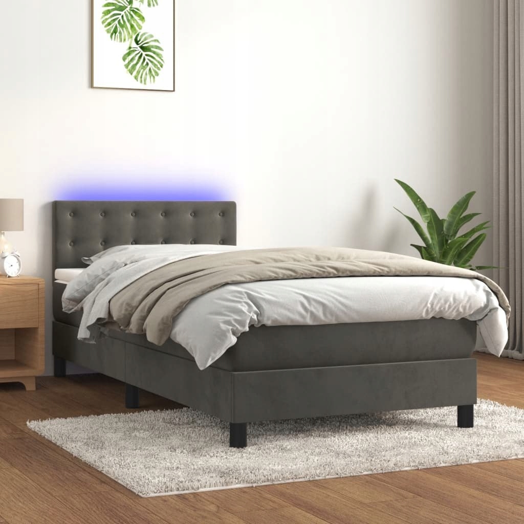 Kontinentální postel s matrací a Led, šedý samet, 100 x 200 cm