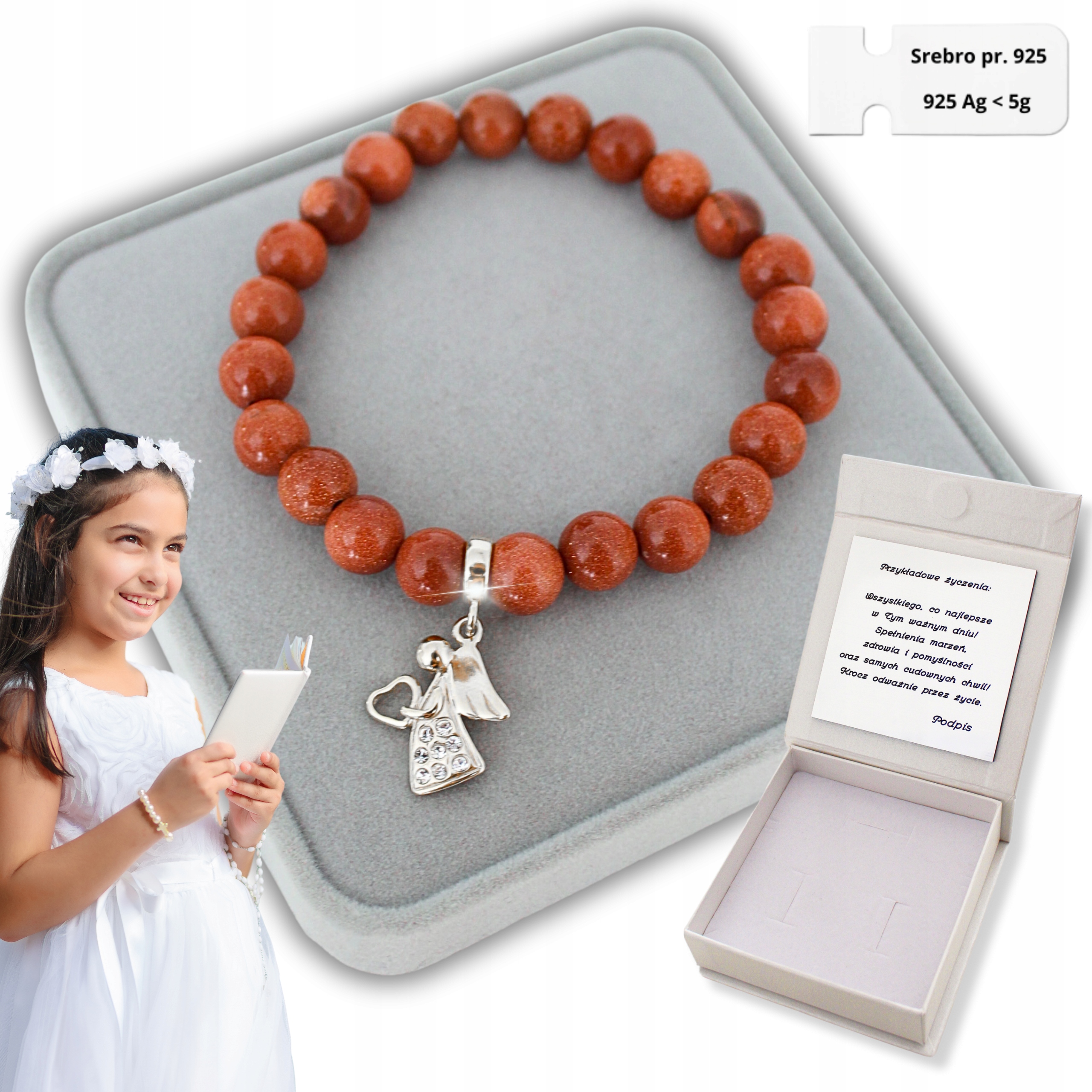 Stříbrný náramek s andělem pro holčičku Dárek ke svatému přijímání 925